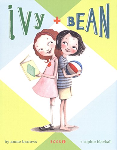 Ivy & Bean book cover, two girls back to back, girl on left in pink dress holding a book, girl on the right in shorts and t shirt holding a ball