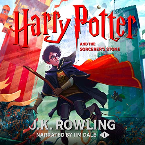 Harry Potter and the Sorcerer's Stone book cover, titular character in red cape mounted on a old style broom