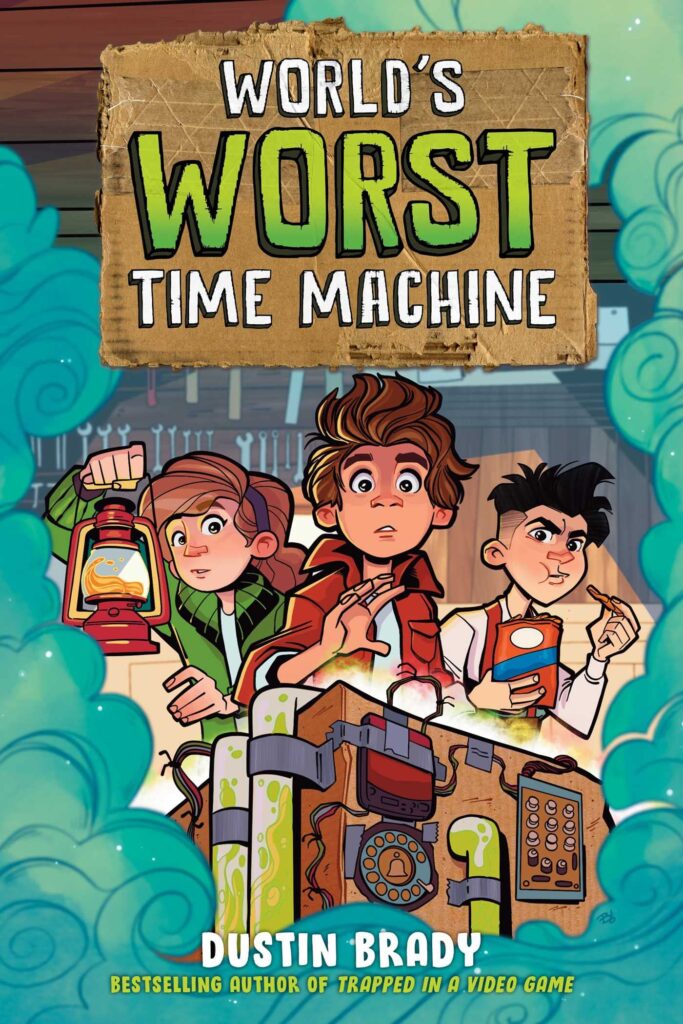 "World's Worst Time Machine" book cover. 3 teenage boys in a cartoon style looking at a weird gadget