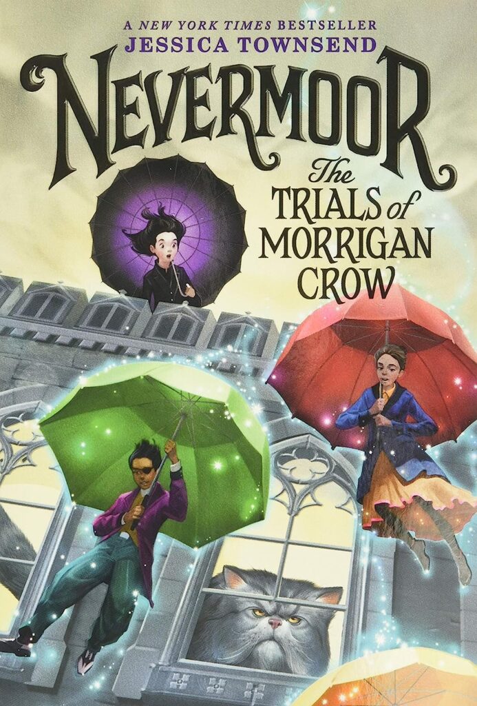 We are reading Nevermoore: The Trials of Morrigan Crow. This is the book cover and features multiple characters floating down on umbrellas